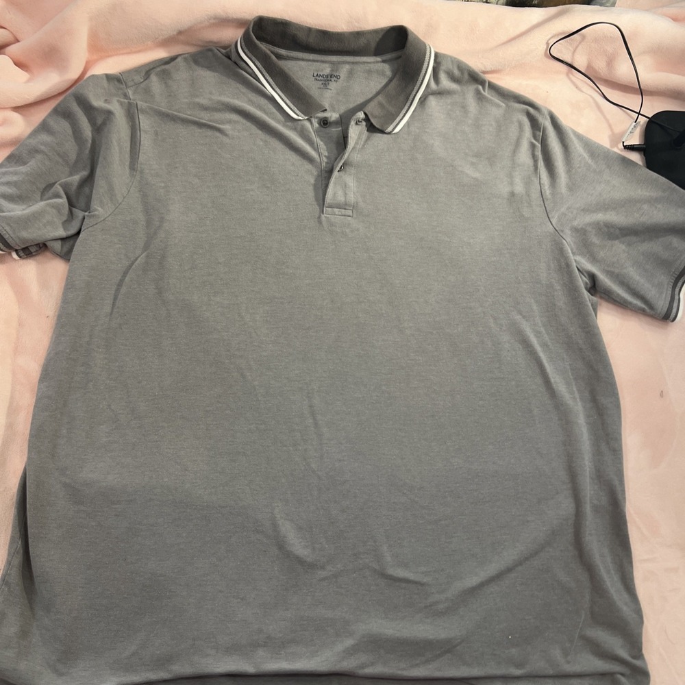 Land's End Polo Shirt Men XXL grey Cotton Short Sleeve Traditional Fit Slit Coll